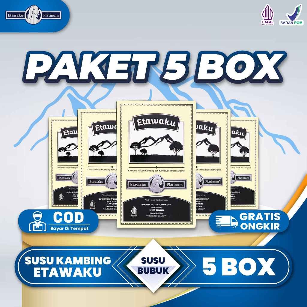 

Etawaku Platinum Paket 5 Box - Susu Kambing Etawa Murni + Krimer Bubuk yang Berkhasiat Tinggi Memiliki Kandungan Protein dan Vitamin Kompleks yang lengkap , melancarkan pencernaan serta Dapat Mengatasi Nyeri Persendian