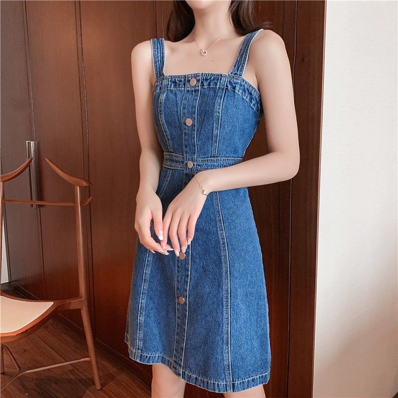 Gadis Jepang Denim Suspender Gaun Rok Tali Wanita Rok Lengan Dilepas Dada Palsu