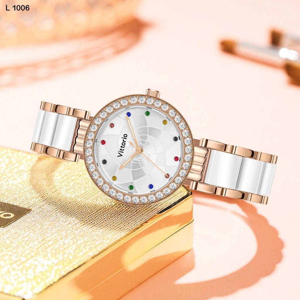 Vittorio Jam Tangan Wanita V-1006ST Stainless Steel Tanggal Anti Air Kaca Sapphire Glass Diameter 35
