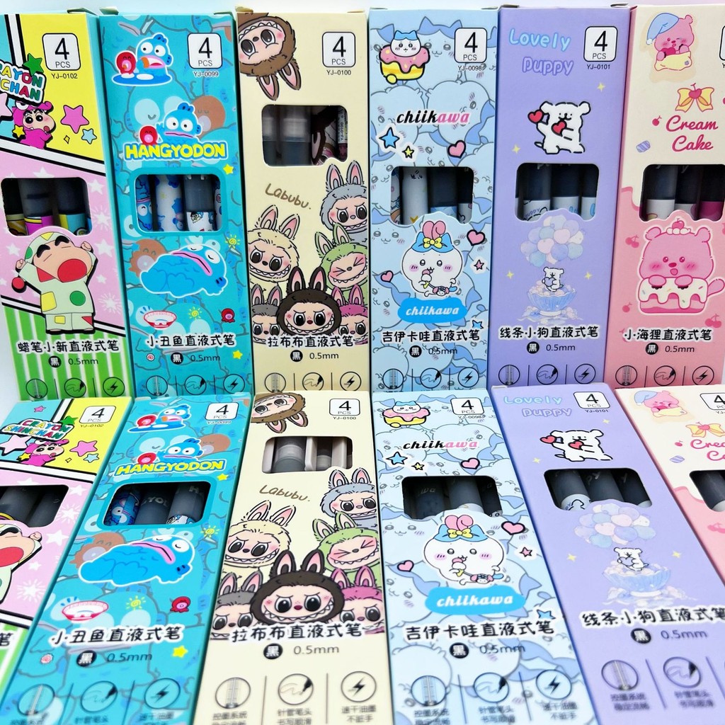 

BEST! 1 SET 4 PCS PULPEN GEL CAIR 0,5 MM KARAKTER CRAYON SHINCHAN, LABUBU, LOOPY KAWAII UJUNG TAJAM