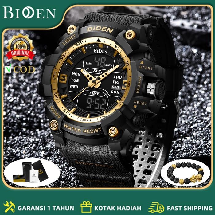 BIDEN Jam Tangan Pria Digital&Analog Militer Multifungsi Tali Silikon - gold