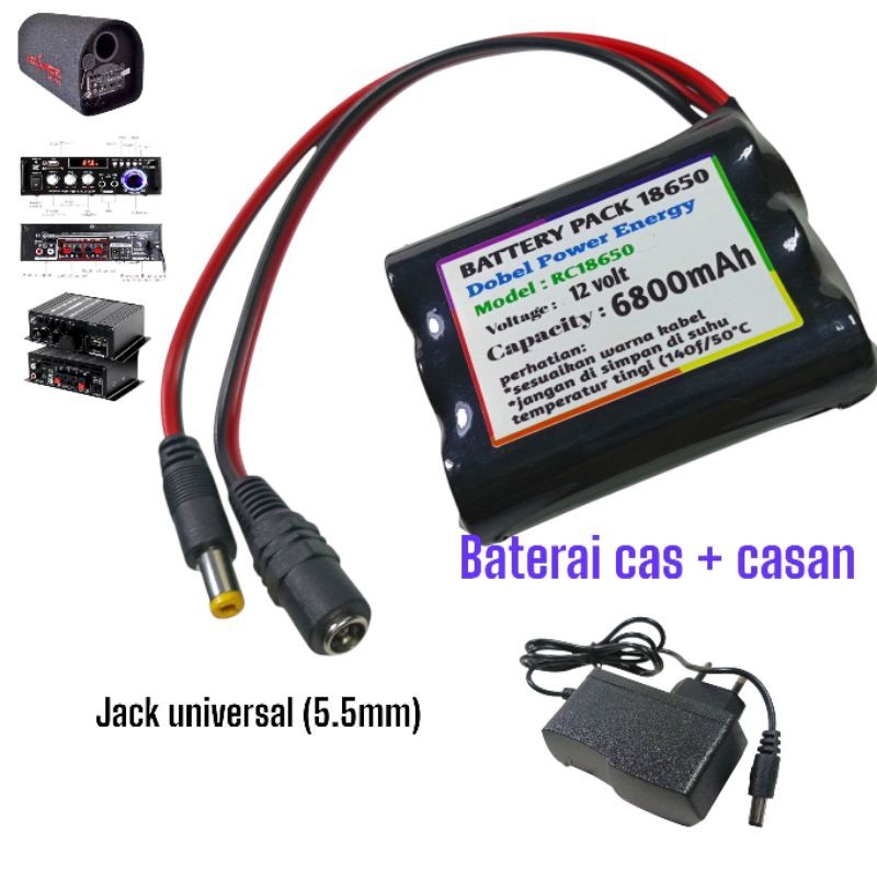 paket Baterai cas speaker bluetooth + charger HITAM type 3X 18650 11.1Volt ~ 12 Volt 6800mAh soket 5
