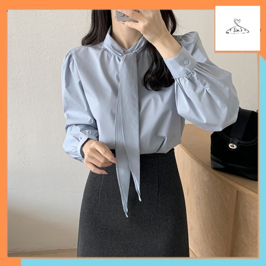 Atasan Kerja Wanita Kemeja Wanita Lengan Panjang Warna Solid Gaya Korea, Atasan Kemeja DasiMurah Luc