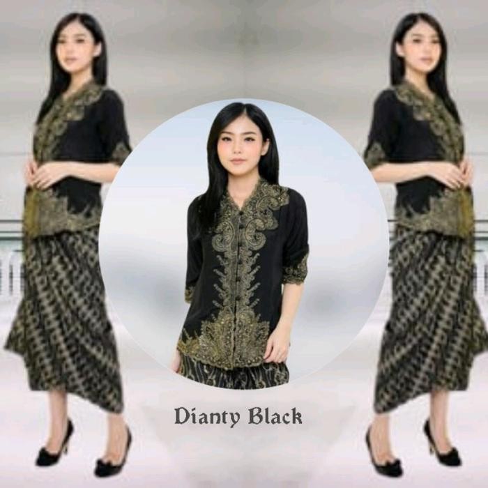 Kebaya Encim Senada katun Silky Import Kombinasi brukat bordir wanita - Dianti Hitam, XL