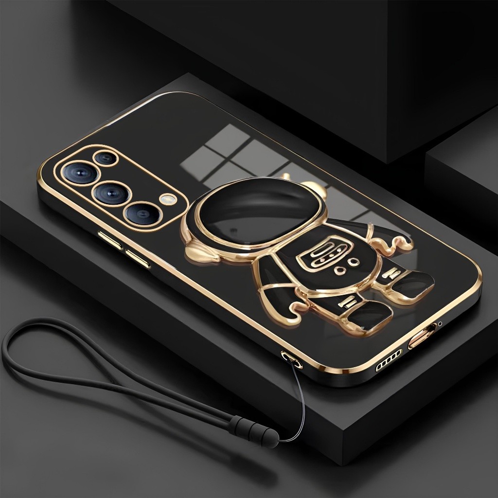 Soft Case Import Oppo Reno 5 4 4F Dudukan Lipat Astronot Plating Free Tali Lanyard Hp