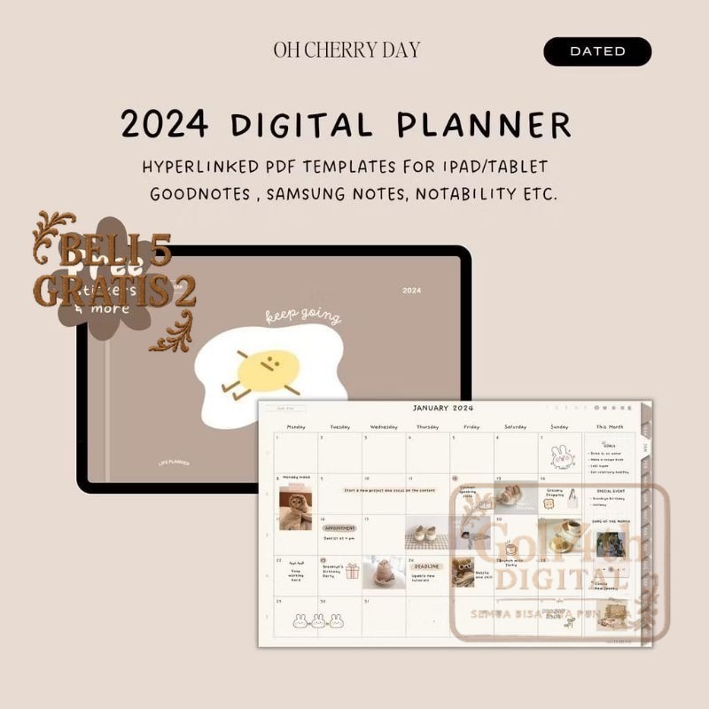 

(ED - 57) Cookie 2024 Digital Planner - Digital Planner Dated 2024 untuk iPad/Tablet Digital Bujo Bullet Journal Notebook