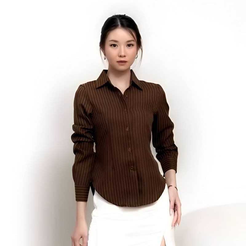 Kemeja Luna Stripe Long Slevee/ Kemeja wanita Katun Stripe Fitted/Kemeja Salur Kekinian