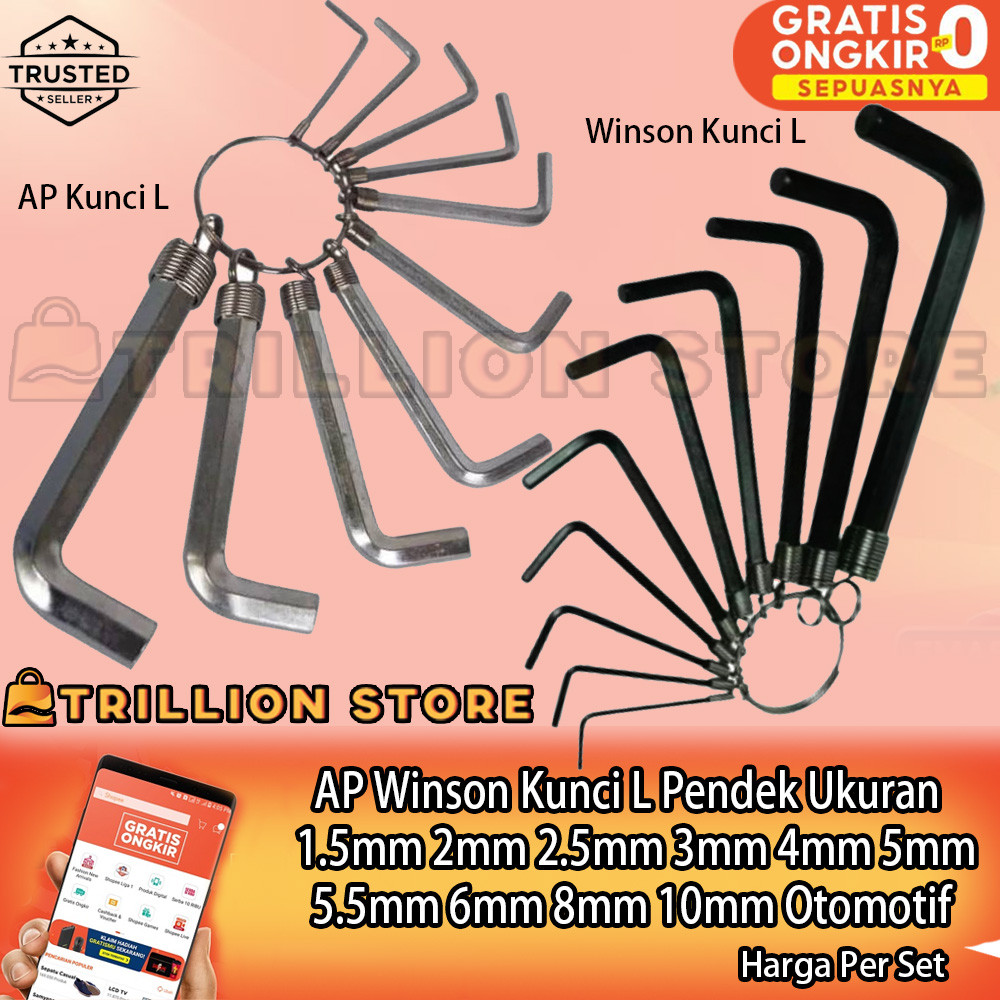 AP Winson Kunci L Pendek Alat Ukuran 1.5mm 2mm 2.5mm 3mm 4mm 5mm 5.5mm 6mm 8mm 10mm Bengkel Otomotif