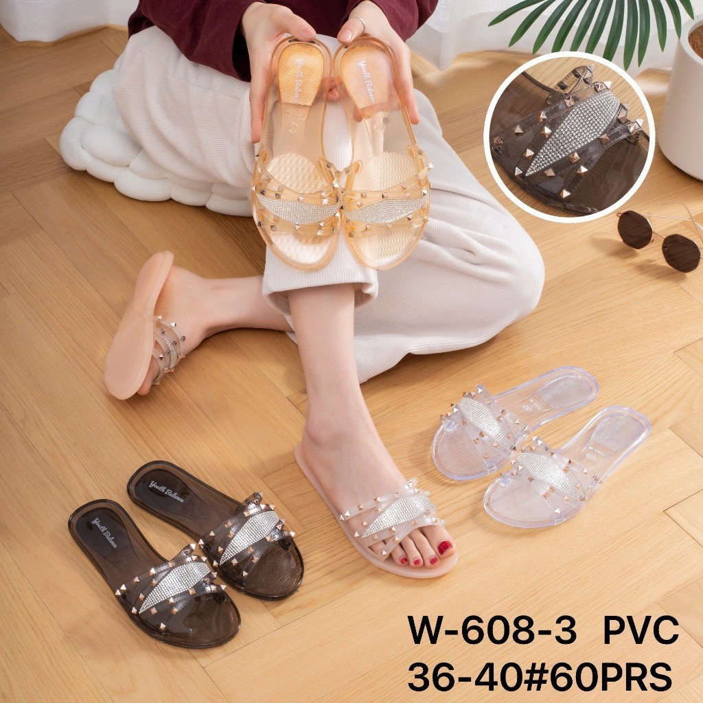 Sandal Selop Kaca Jelly Sendal Flat Teplek Wanita Anti Slip Model Piramid Strap Gold Import W-608-3