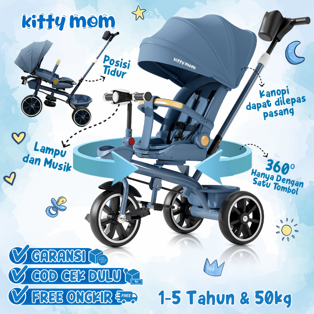 Kitty Mom - Sepeda Anak Roda 3 Bayi 1 Tahun Travelling Tricycle Multifungsi Bisa Putar Dan Berbaring