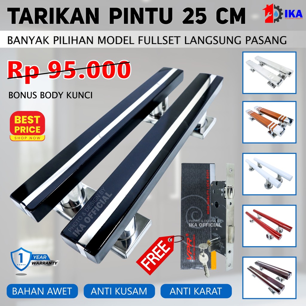 Satu Set Handle Pintu Kunci Rumah Panjang 25 cm Gagang Tarikan Pintu Pegangan Depan Warna Hitam Puti