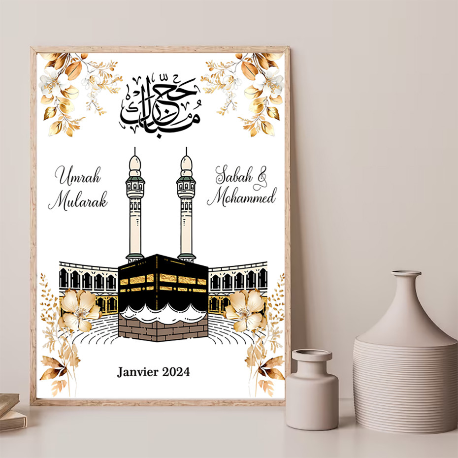 

Umrah Mubarak Personalised Names Date Islamic Yellow Floral Beige Poster Wall Art Picture Canvas Painting Living Room Decor Gift