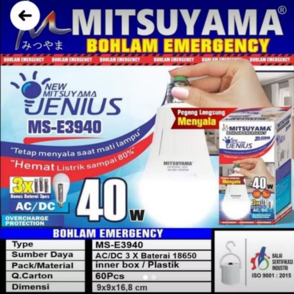 Lampu EMERGENCY Mitsuyama Jenius Bohlam 40 Watt LED Otomatis Emergency MS-E3940