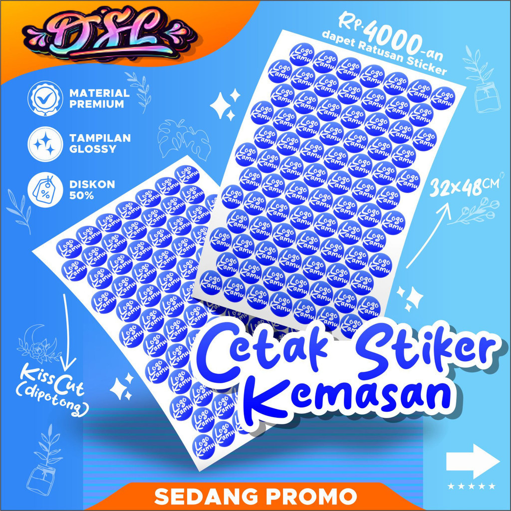 

Cetak Sticker Custom Chromo A3+ Gratis Cutting | Stiker Label Kemasan | Sticker Logo Bulat anti dari air