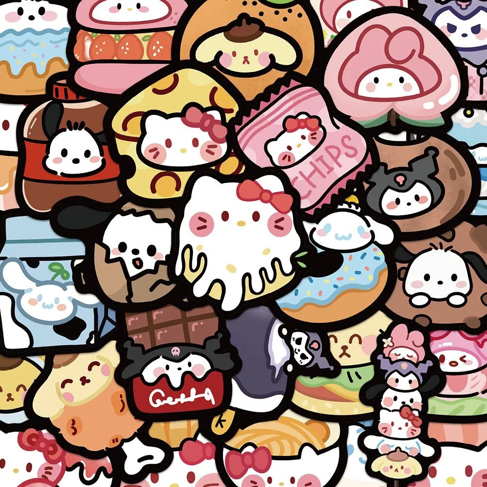 

10/30/50pcs Cute Funny Food Sanrio Cartoon Stickers Aesthetic Hello Kitty Kuromi My Melody Anime Decals Kawaii Kids Sticker Toys