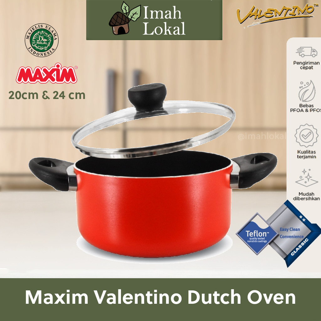 Maxim Valentino Dutch Oven 20cm, 24cm - Panci Dengan Tutup Kaca Anti Lengket Serbaguna untuk Memasak
