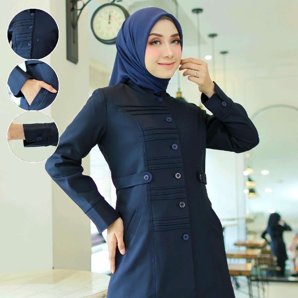 Seragam Tunik Biru Dongker Stik Garis Katun Free Hijab - Merek Elponte - Muslim, Wanita