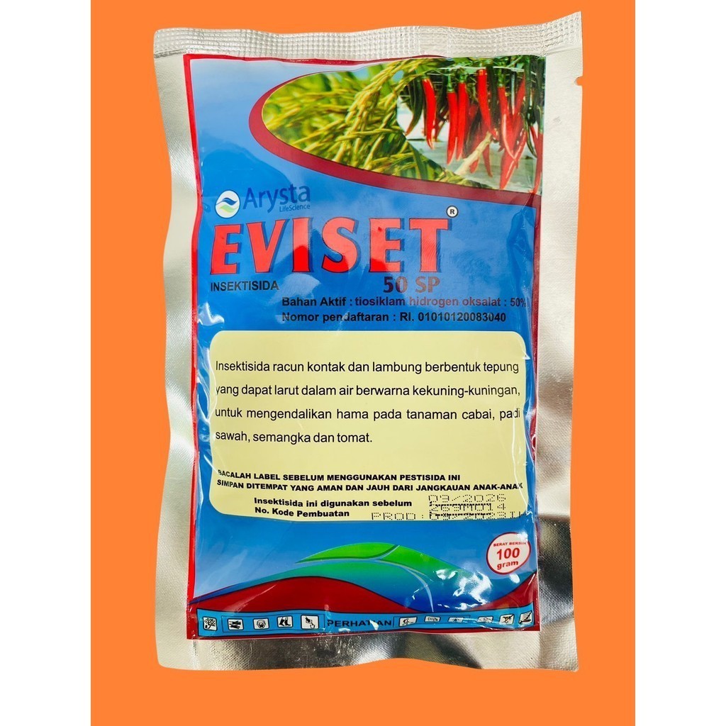 Insektisida EVISET berat isi 100 gram pengendali hama untuk Cabai Tomat dan Padi dari ARYSTA LIFESCI