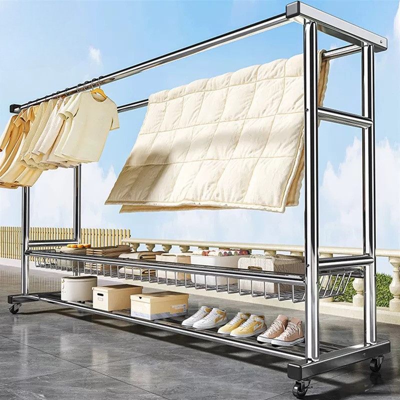 Rak Gantungan Baju Berdiri Stainless Jemuran Baju Besi Kuat Besar Jemuran Baju Stainless Dengan Roda