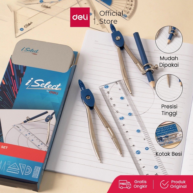 

Deli I-Select Jangka Set Penggaris Sekolah Isi 10 pcs Gratis Penghapus Drafting Set Box Metal H619