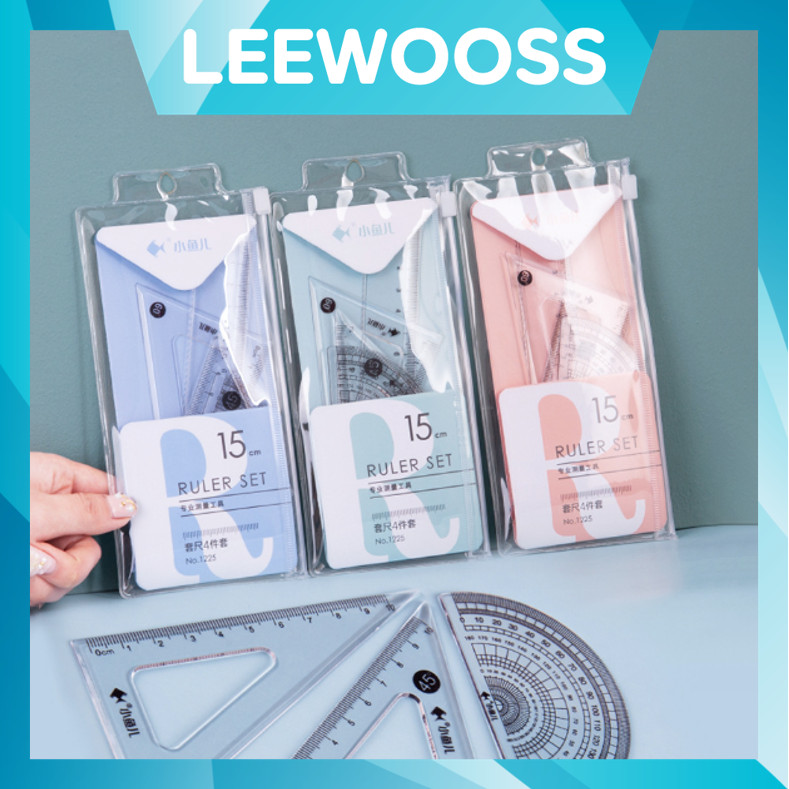 

LEEWOOSS S6135 Penggaris Set 4 In 1 Perlengkapan Sekolah Menggambar Motif Polos Ruller Set Transparant Penggaris Bening Polos