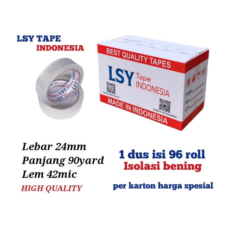 

lakban bening / isolasi bening 24mm x 90yard full 1 dus isi 96 roll LSY TAPE INDONESIA ( CBM )