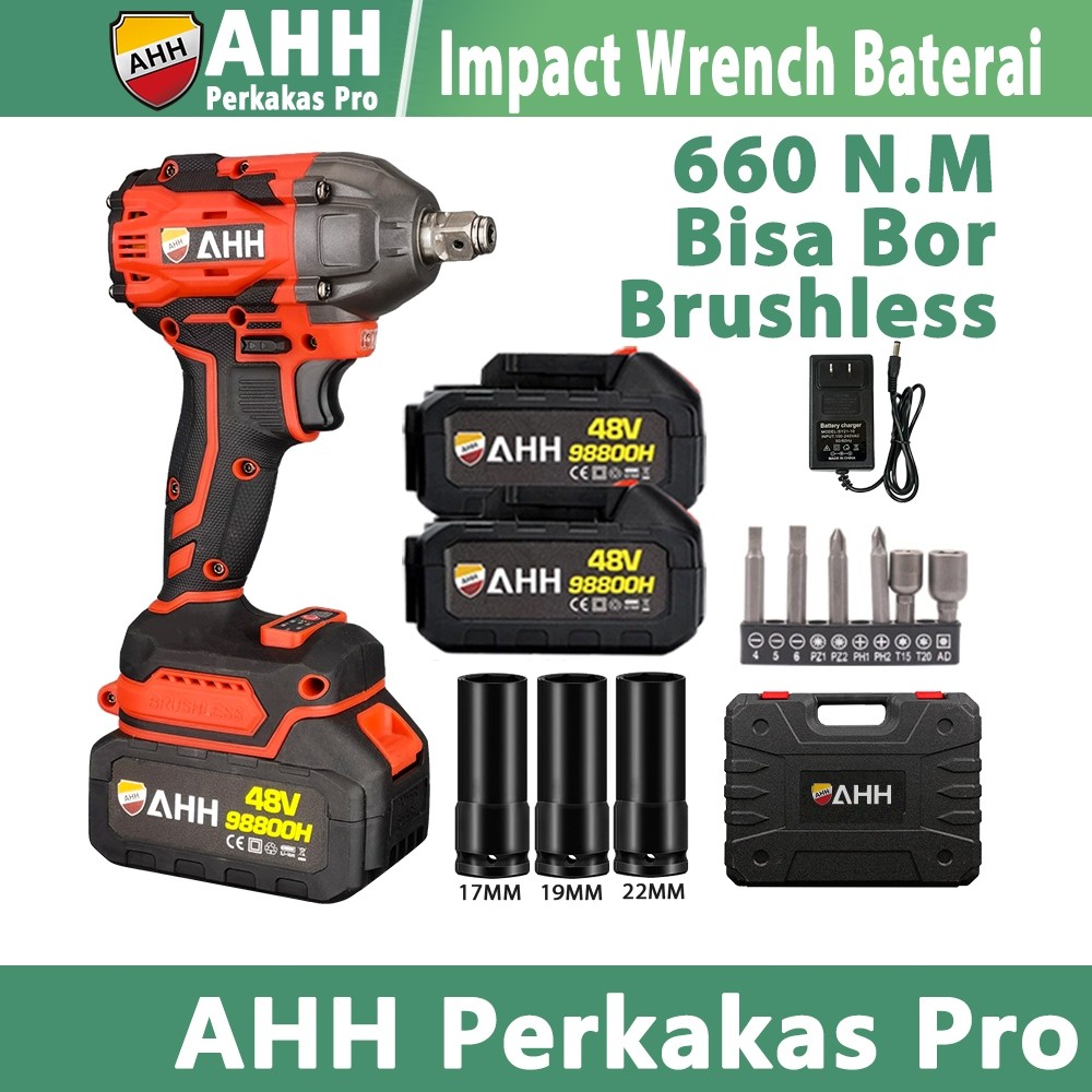 IMPACT WRENCH TORSI BESAR AHH Perkakas Kunci Impact Set Brushless 660NM Impact Wrench 2 Baterai  Lit