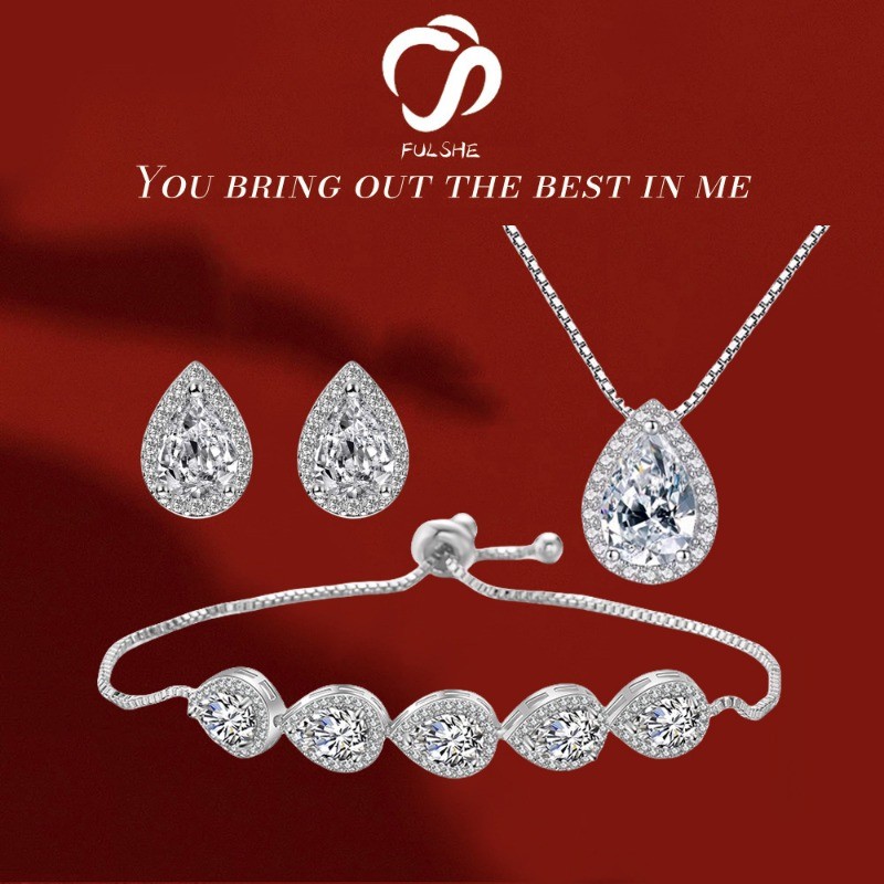 FULSHE Set Perhiasan Gelang/Anting/Cincin Untuk Wanita Berlian Berkilau Asli Perhiasan Berlapis Plat