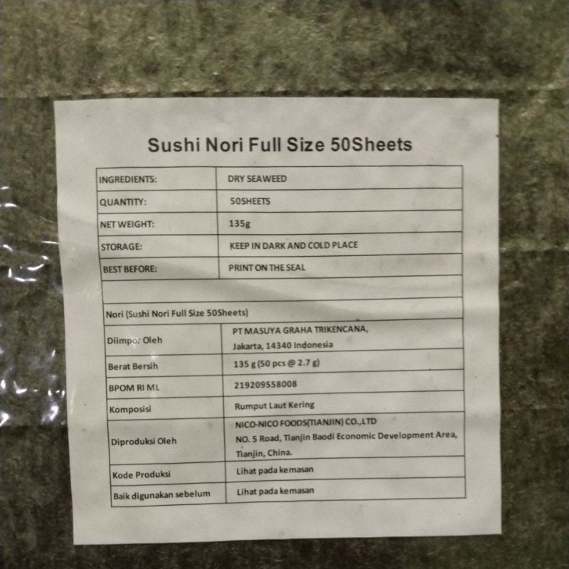 

TERLARIS Sushi Nori NICO Rumput Laut 50 Lbr