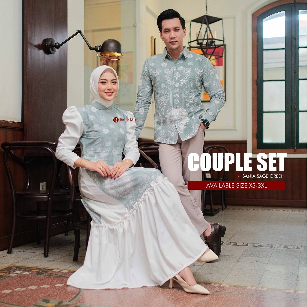 SANIA SAGE GREEN COUPLE SET MUSLIM RAYA EDITION | GAMIS PREMIUM DAN KEMEJA FULL FURING