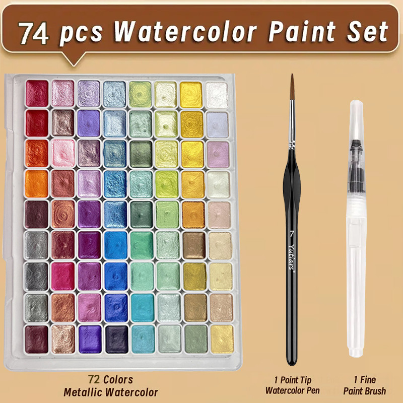 

74pcs Professional Watercolor Paint Set, 72 Colors Sparkle Pearlescent Solid Pigment, with 2pcs Different Paint Brush Pens