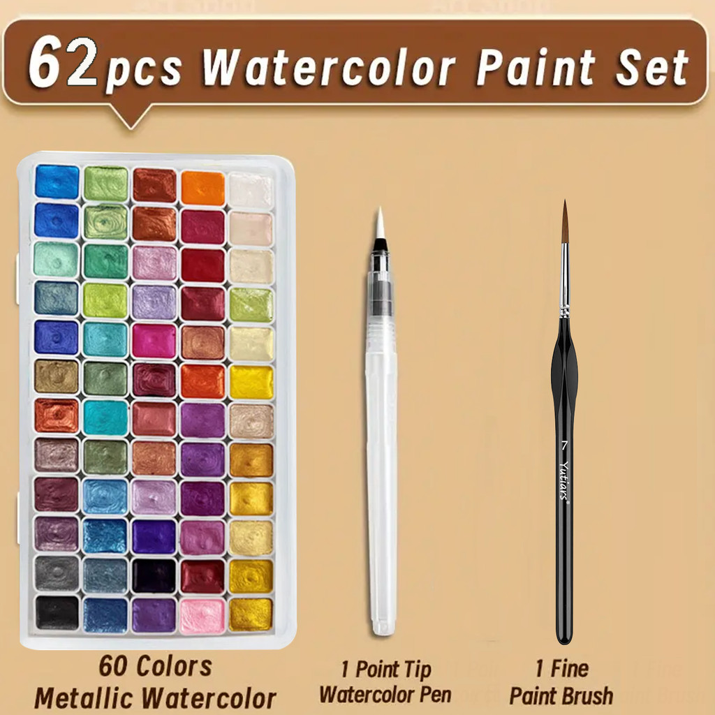 

62pcs Professional Watercolor Paint Set, 60 Colors Sparkle Pearlescent Solid Pigment, with 2pcs Different Paint Brush Pens