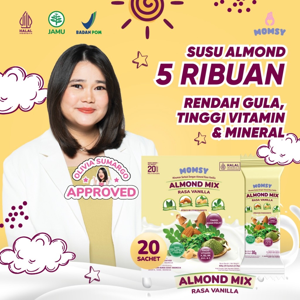 

NEW ALMOND MIX VANILLA MOMSY 20 Sachet BPOM HALAL Natural Almond Kedelai Katuk Kelor [IKN] PREMIUM