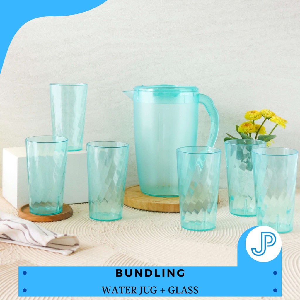 Teko Air Set Lengkap Dengan Gelas 6in1/Teko Air + Gelas Set Plastik Bening Kristal/Water Jug Complet