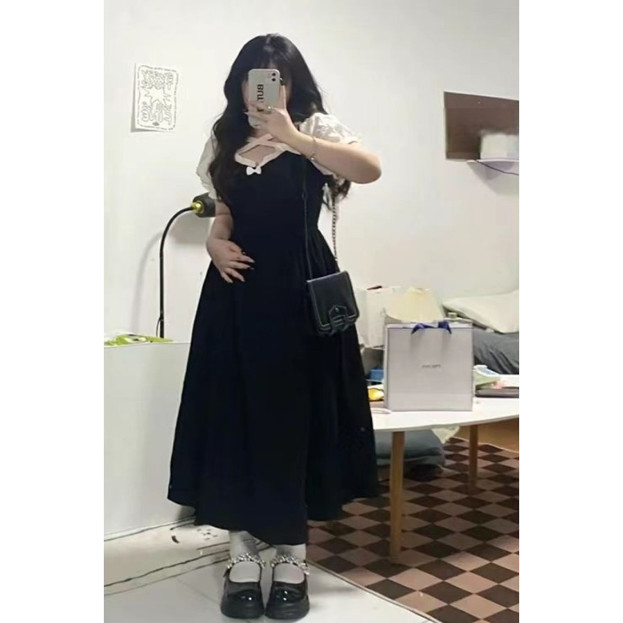 Aroana dress wanita big size jumbo hitam busur Lengan Pendek rok sedang dan panjang
