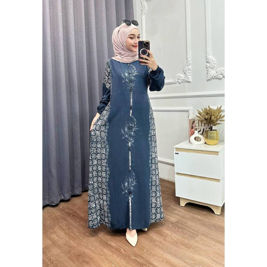 Gamis Jumbo Rayon Twill – Model Kancing Syari Kekinian Motif Batik Cap
