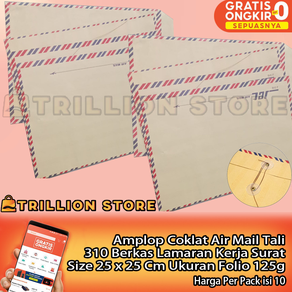 

KKY Amplop Coklat Tali AM 310 Per Pack Isi 10 125g Airmail Tali Executive Surat Menyurat Lamaran Kerja Amplop Bergaris Pinggir Kertas Polio Double Folio R 3339 Map Ukuran 25 X 35 Cm Amplok Tali Ampelop Cokelat XRFA Surat Lamaran Executive