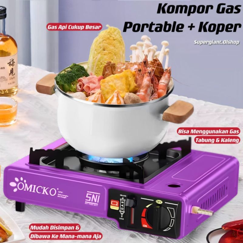 OMICKO Kompor Gas Portabel 1 Tungku Kompor Portabel Gas 2 in 1 Kompor