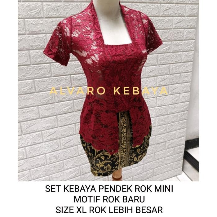 set kebaya lengan pendek melar strait rok mini batik modern strait Brokat Atasan tangan pendek bruka