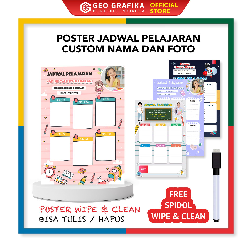 

Poster Jadwal Pelajaran Custom Nama & Foto Wipe & Clean - Geo Grafika Print Shop