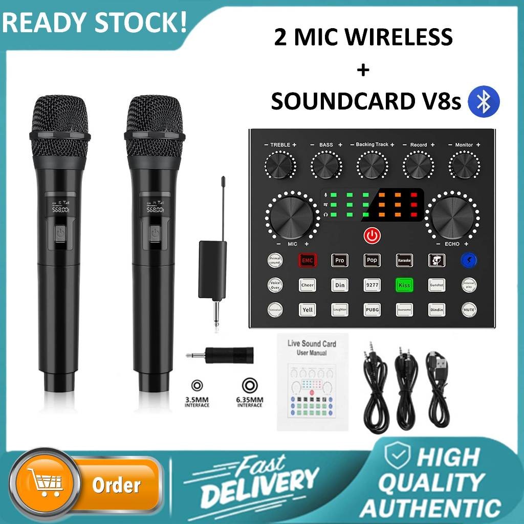 Soundcard Sound Card V8s Live Mixer Audio Broadcast Recording + 2 Mic Wireless Universal