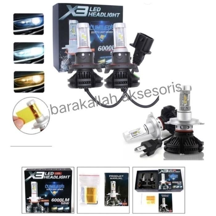 Lampu X3 Headlamp LED Mobil YARIS BAKPAO H11 H4 H7 HB3 3 Warna - HB3