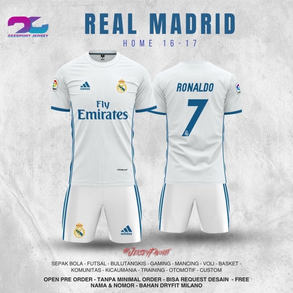 JERSEY STELAN ANAK REAL MADRID HOME 2016/2017JERSEY KUALITAS  GRATIS NAMA, LOGO, DAN SPONSORCO