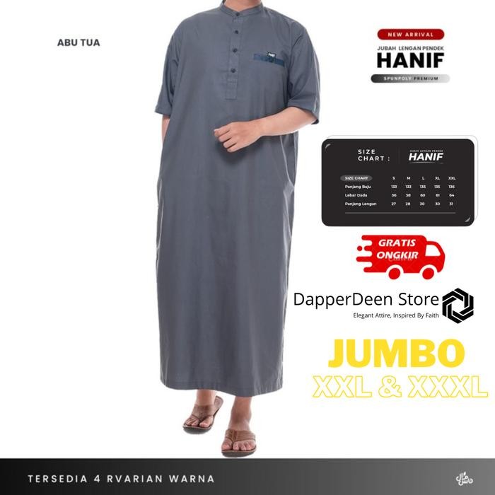 JUMBO Jubah Gamis Pria Baju Muslim Lengan Pendek Polos Merek Hanif - Abu Tua, XXL