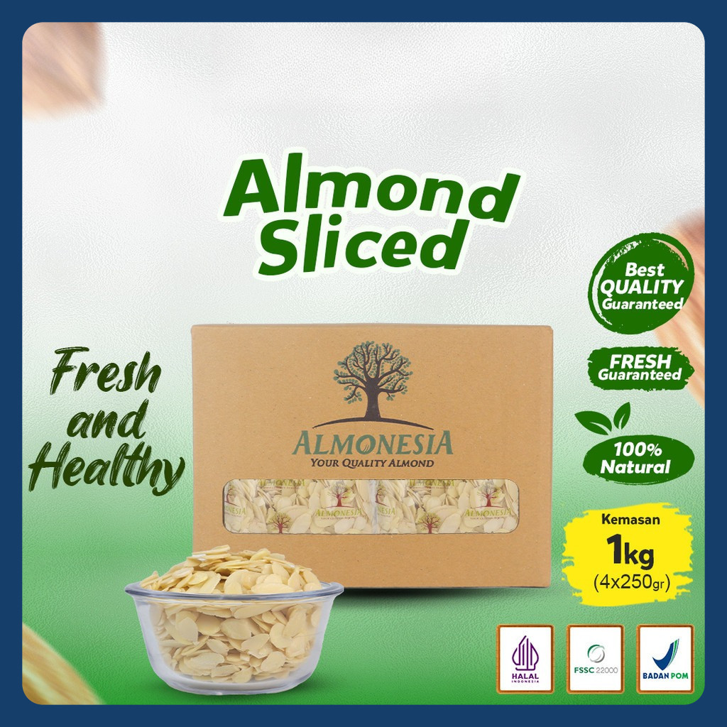 

Almonesia - Sliced Almond 1Kg | 4 x 250gr (Almond Iris/ kacang almond slice/ Topping Slice Almond)
