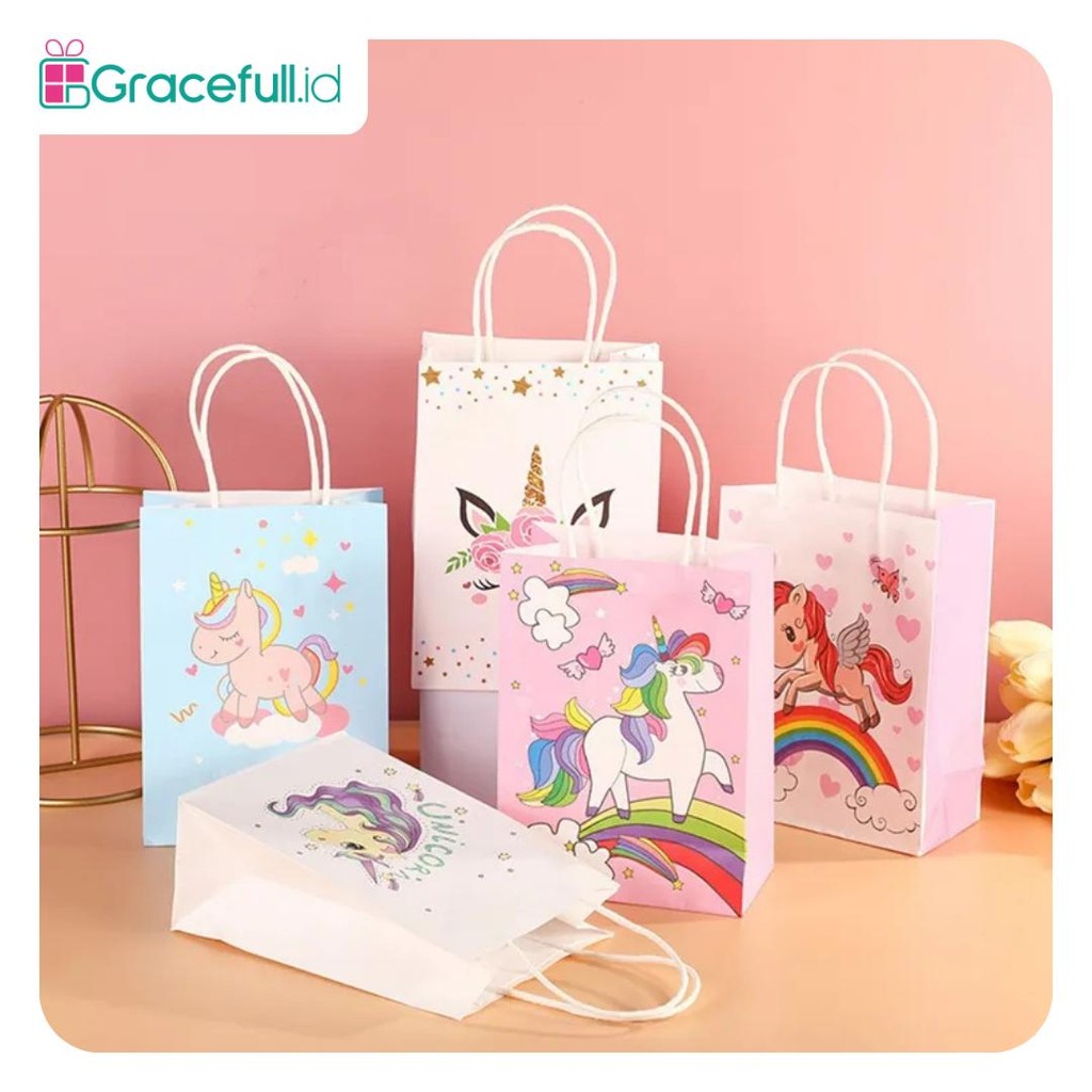 

Paper bag Goodie bag Tas Kado Hadiah Pesta Ulang Tahun Motif Unicorn Karakter Kuda Pony I AK01D1-AK03D3