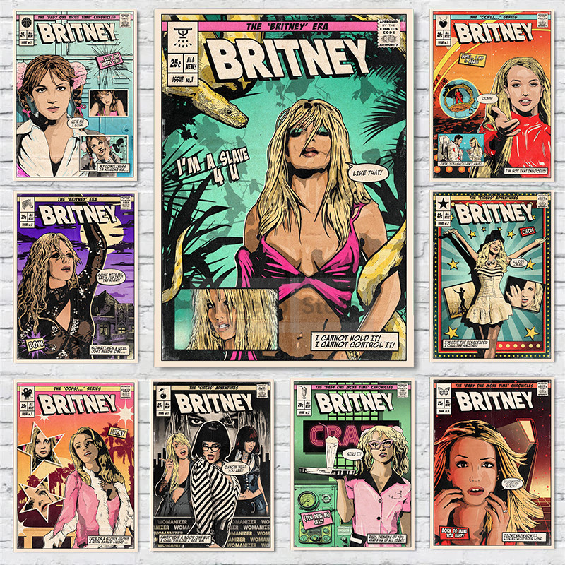 

American Singer Britney Spears Album Poster Vintage Comic Style Cover Prints Canvas Painting Wall Art Home Room Music Decoration