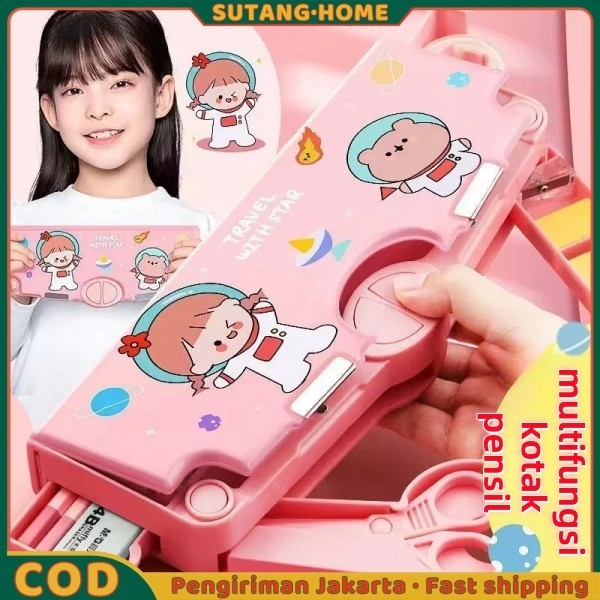 

【SUTANG】Kotak Alat Tulis Multifungsi Kotak Pensil / Tempat Pensil Motif Kartun Lapisan Ganda Tunggal Dengan Rautan Kapasitas