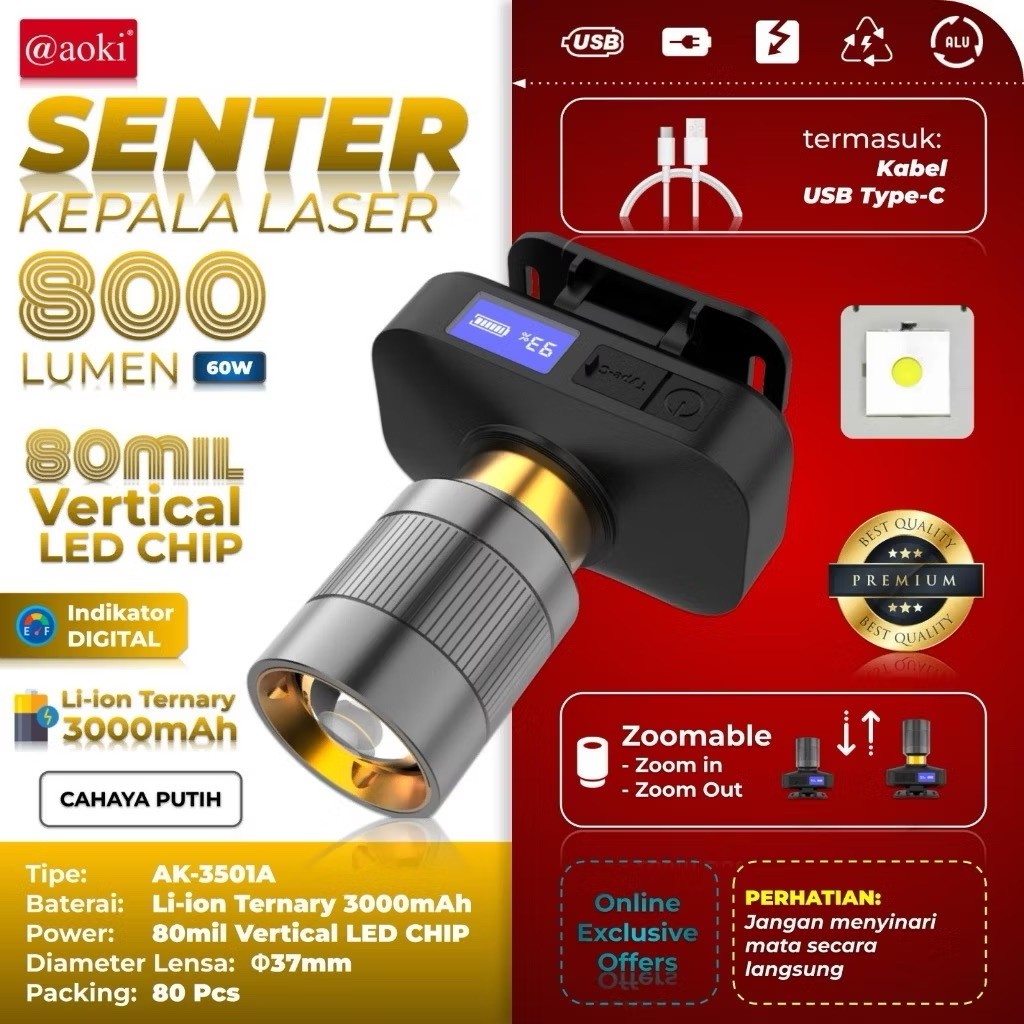 Senter Kepala Head Lamp LED Jarak Jauh Aoki AK-3501A AK-3502K Body Alluminium Cahaya Putih Kuning Zo