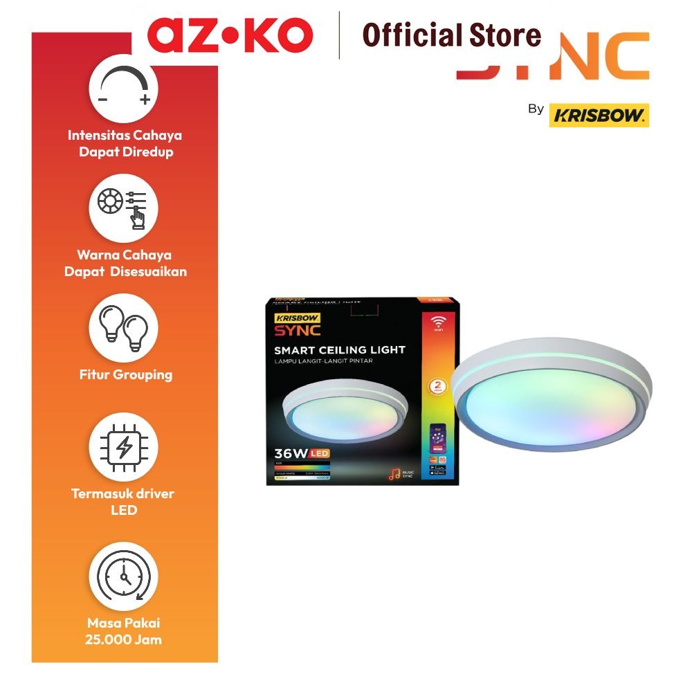 AZKO Krisbow Sync Smart Lampu Langit-Langit 36 watt Rgbw - Multi Color Plafon Led Ceiling Lamp Sorot